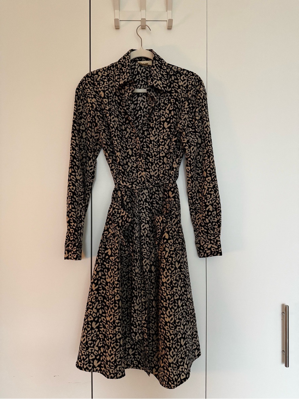 The Korner Black & Tan Leopard Print Shirt Dress with Tie Waist - Size XS